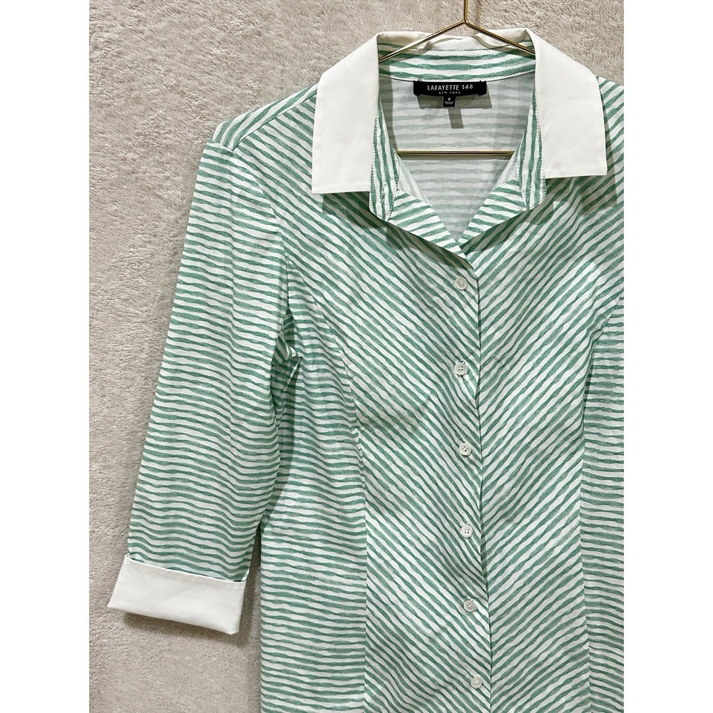Lafayette 148 Striped Button Up Shirt Size 2 Green‎ White 3/4 Sleeve Luxury - Picture 3 of 6